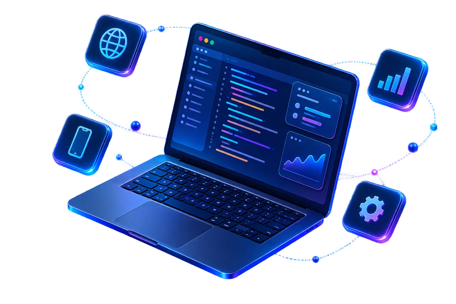 Futuristic laptop representing custom software development